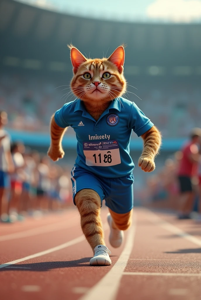 Create me an anthropomorphic cat shorts, running Olympic games, around spectators, 8k, high resolution, blue zero sleeve polo with text "I am the best" in Spanish. The cat is well detailed, cinematic, well-groomed hair, ultra-realistic.