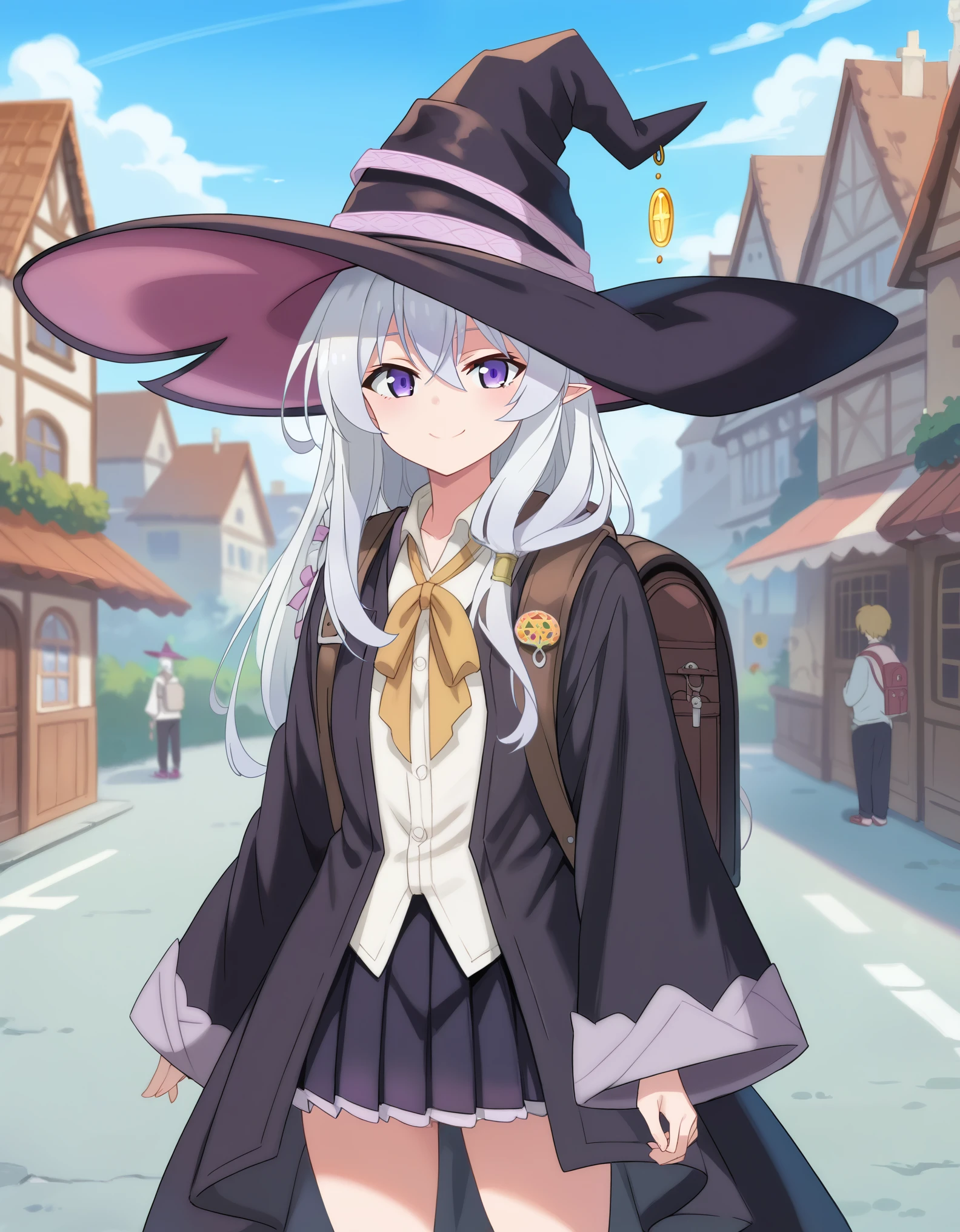 Masterpiece, hd, best quality, detailed, elaina \(majo no tabitabi\),purple eyes, grey hair, white hair, long hair,witch hat,collared shirt,robe,wide sleeves,pleated skirt,frilled skirt,pointy footwear, standing, outdoor, village, fullbody, smile, happy, wearing school backpack, brown backpack, big backpack