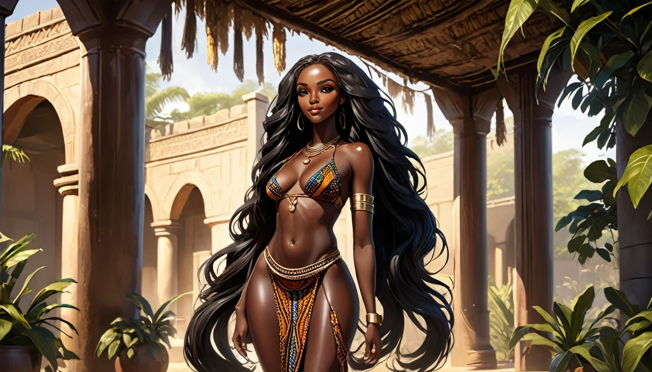  ((Full body: 1.8)), ((dark-skinned beautiful African woman: 1.7)) with very long black hair, strong body, thick athletic body, character sheet, Realistic, top quality picture, 4K, ultra HD |, ((master part))), (((best qualityer))), ((ultra detali)),(Highly detailed CG illustration), Cinematic light, camera: Choose an angle that highlights the beauty of the character. resolution: Aim for a high-resolution artwork to showcase intricate details and clarity