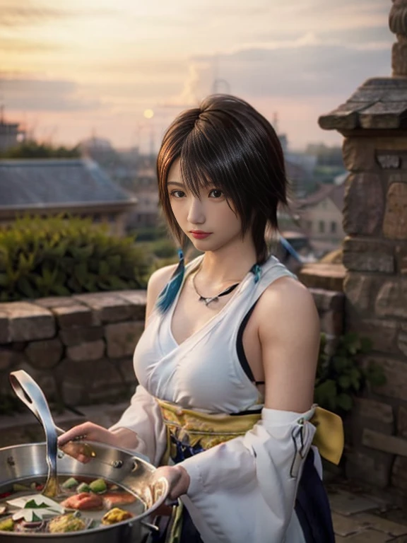 20 year old Japanese beauty,One person、Muscular body like a bodybuilder、Emphasize the breasts、Slit eyes、A head-to-toe view,Bust is very very large、The background is a medieval European kitchen、High quality photos、Clear, crisp images of the lower body、Masterpiece 8k、Ecstatic face、Stirring a pot of stew on the stove、From the side, from behind, the same color々from what camera angle to shoot、FF10 Yuna's outfit