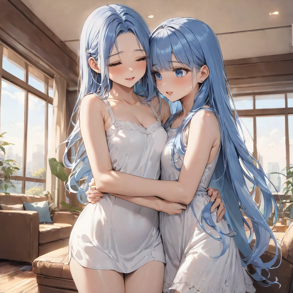 (panoramic:1.3, profile style), (1 woman is hug a daughter), (a forehead blue hair long hair 26 yo sexy woman, in a white one piece dress, big tits), and, (a forehead blue hair long hair yo immensely cute daughter, in a black summer one piece dress, small tits), master quality ((They cry and Inspiring hug each other)), break, in the lounge, good morning, BREAK, 16K, masterpiece, best quality, beautiful detailed grow.