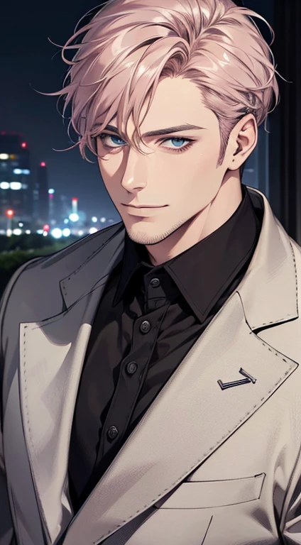 (best quality,4k,8k,highres,masterpiece:1.2),ultra-detailed,(realistic,photorealistic,photo-realistic:1.37),1 man,31 years old,mature man,very handsome,without expression,smile,short grey pink hair,blue eyes,penetrating gaze,perfect face without errors,imposing posture,businessman,office background,cinematic lighting,hdr image