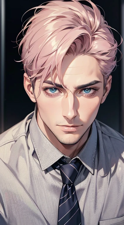 (best quality,4k,8k,highres,masterpiece:1.2),ultra-detailed,(realistic,photorealistic,photo-realistic:1.37),1 man,31 years old,mature man,very handsome,without expression,smile,short grey pink hair,blue eyes,penetrating gaze,perfect face without errors,imposing posture,businessman,office background,cinematic lighting,hdr image