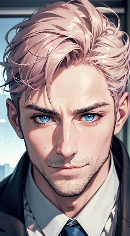 (best quality,4k,8k,highres,masterpiece:1.2),ultra-detailed,(realistic,photorealistic,photo-realistic:1.37),1 man,31 years old,mature man,very handsome,without expression,smile,short grey pink hair,blue eyes,penetrating gaze,perfect face without errors,imposing posture,businessman,office background,cinematic lighting,hdr image