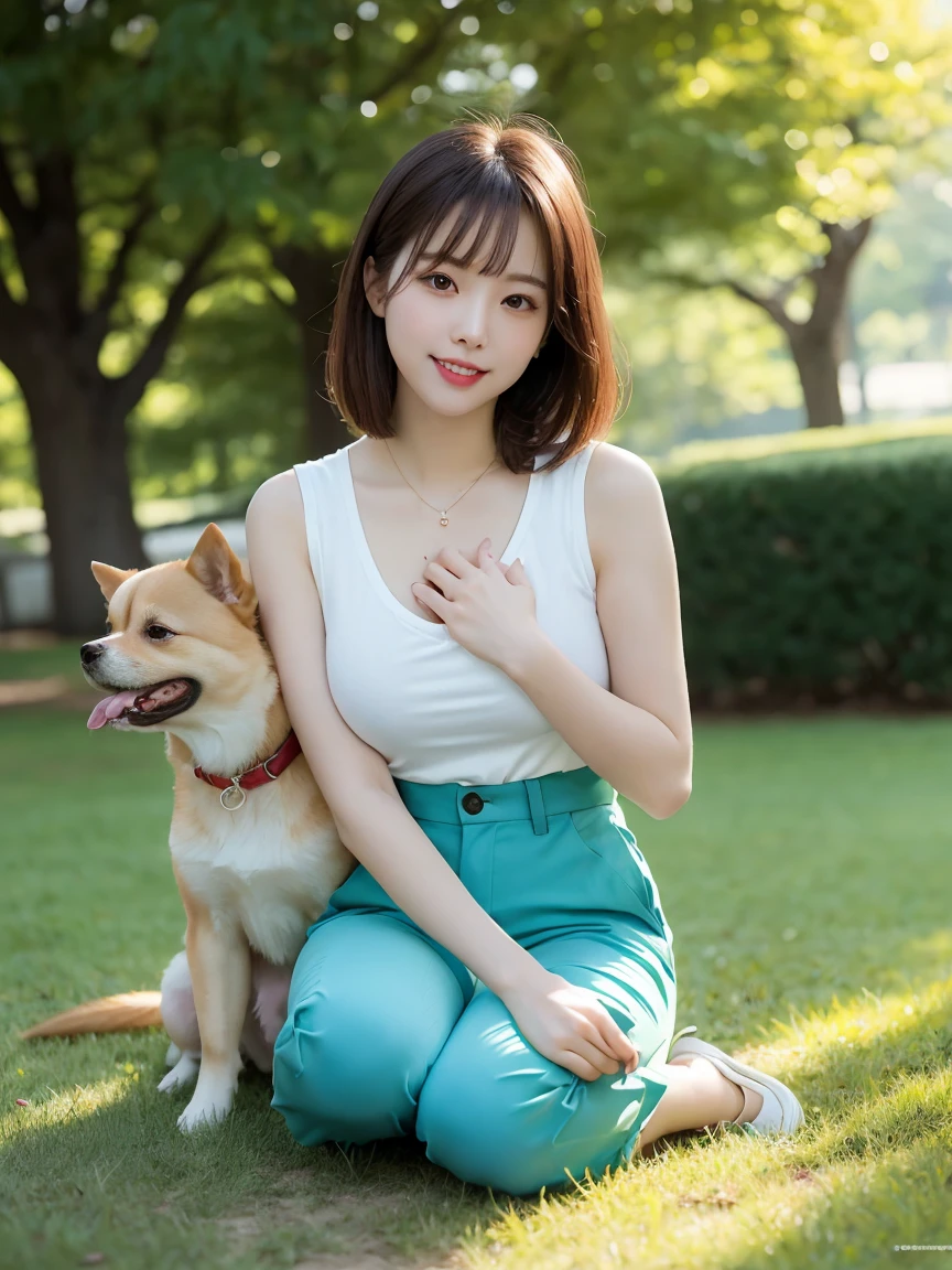 Tabletop, Highest quality, Realistic, In detail, High resolution, 8k wallpaper, Perfect dynamic composition, Beautiful attention to detail, (Biologically Correct Limbs, refer, nail), short hair, Shiny Hair, Big ample breasts ,Touching her chest, Random Pause、(retro color, Cute Sleeveless T-Shirts, Cute Chino Pants)、Cute Pumps, (Breast bulge:1.3)、Laughter、(Park scenery、Grass), sunny, Sitting, , 23 years old, only, (Droopy eyes)、Adult Beauty、Japanese women、(dogと散歩, dog, Pomeranian, 小型dog), dogを見て, Side view,