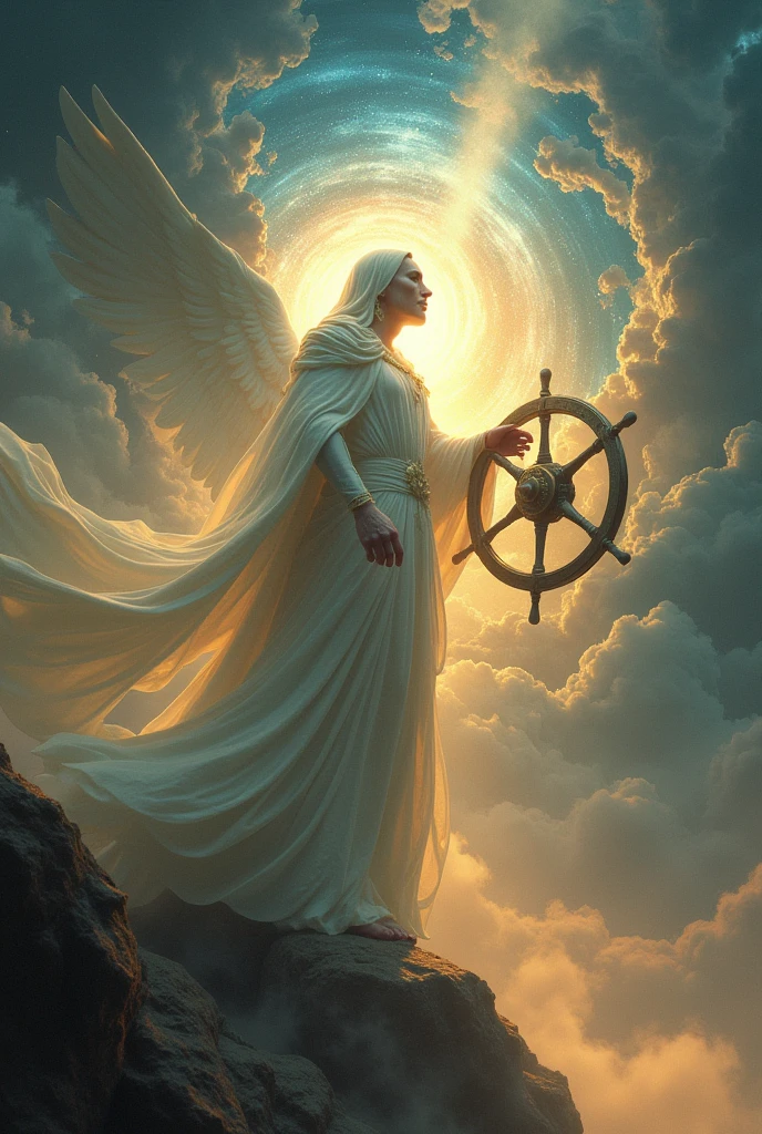 God is holding the steering wheel, driving, side view