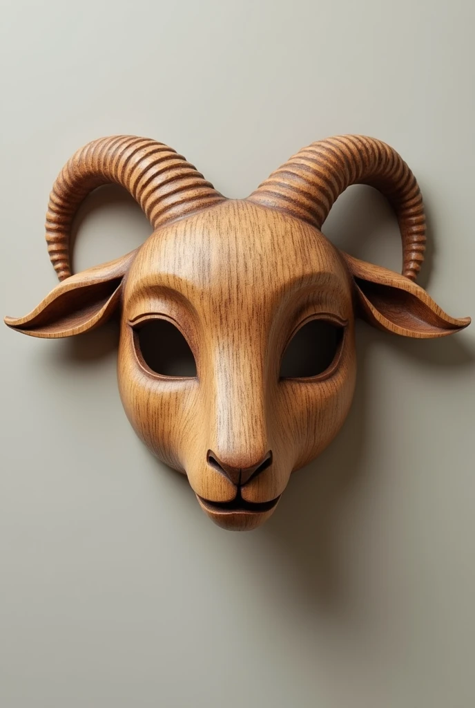 "Front view of a wooden mask sculpted in the shape of a lamb, with details like small ears and horns, and a handcrafted finish that highlights the natural wood texture."