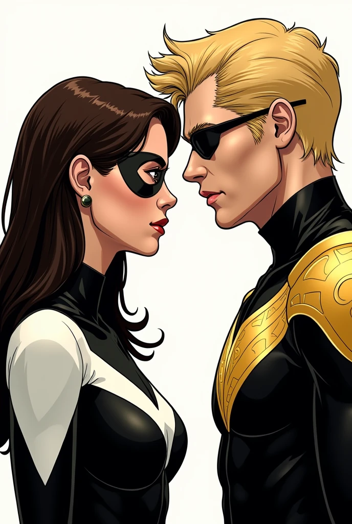 Give Lily Collins circular, large round eyes, brown hair, wearing a black and white superhero suit.  And a tall, blond man with medium-length hair in a black and gold superhero suit. , with a layer of gold 