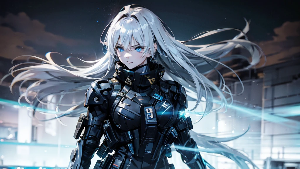 Anime girl with a gun in the night city, Cyberpunk anime, Amazing anime 8k, Anime Style 4k, Cyberpunk anime art, Cyberpunk anime, Beautiful expression、Delicate skin、Beautiful Eyes、Beautiful Blue Eyes、Beautiful long hair, Blonde, Expressive hair, Ridiculously long hair, Floating Hair, Frowning, Futuristic, Shining Light, reflected light, Backlight, Backlight, interrupt, Wide angle, Tabletop, high quality, 最high quality, High resolution