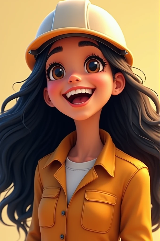 I generate the image with an animated focus of a girl with teigueña skin color,  black hair, laughing and long, who has a helmet h down duga happy engineer's day