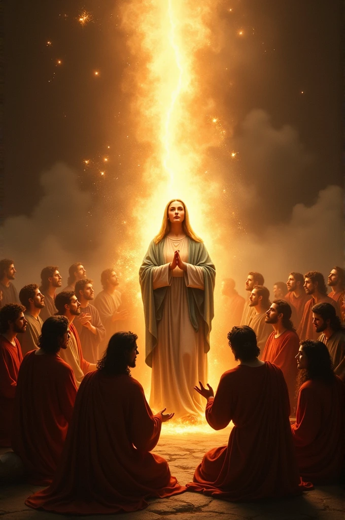 I would like a vertical image of Our Lady in the midst of the apostles praying at Pentecost as tongues of fire fall upon them.