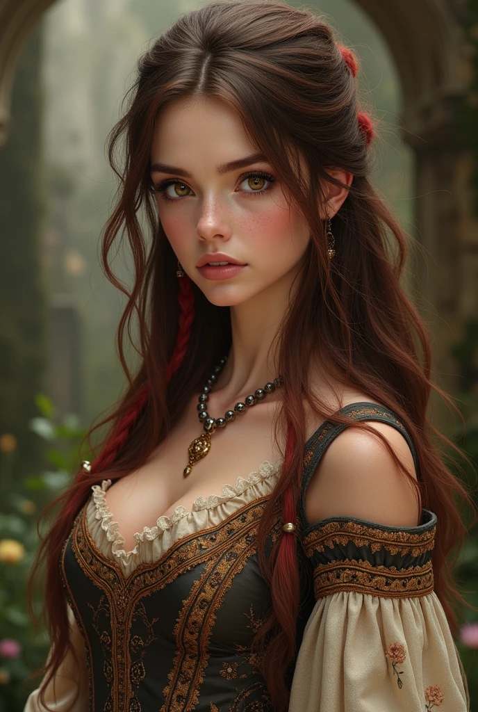 Medieval woman with brown hair and a red streak, princess clothes brown eyes no crown