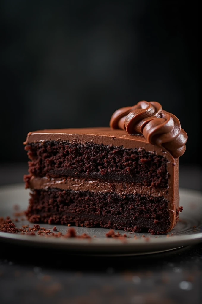 cinematic film still chocolate, chocolate cake, dark background, quality photo, moist texture, frosting, studio photo, slice . shallow depth of field, vignette, highly detailed, high budget, bokeh, cinemascope, moody, epic, gorgeous, film grain, grainy