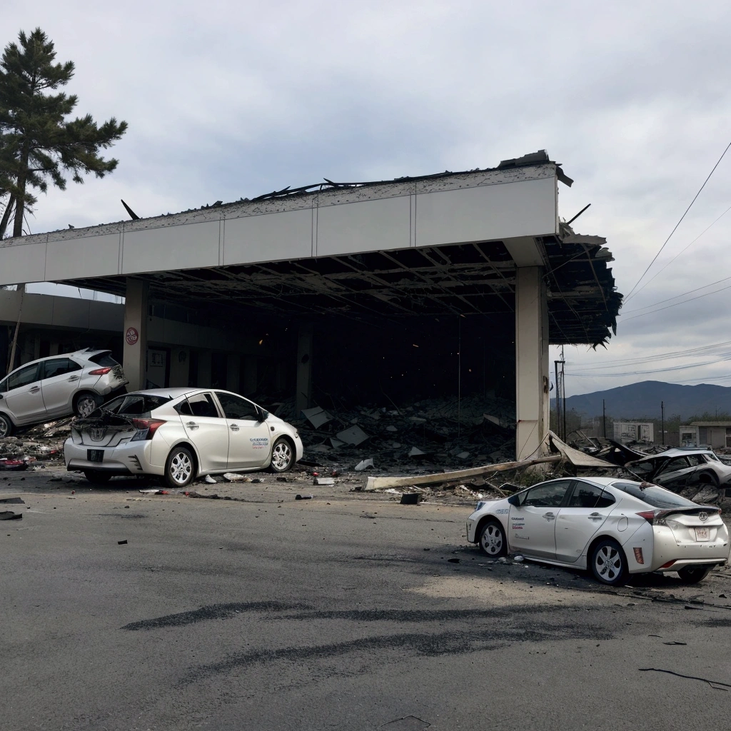 A crashed Toyota Prius, Abandoned gas stations, Buildings are hit with a large impact、There is a mountain of rubble and a gas station, debris flying everywhere, debris, mid - 3 0 s, Mid 30s, Randy Post, Medium full shot, Collapsed building, debris flying around