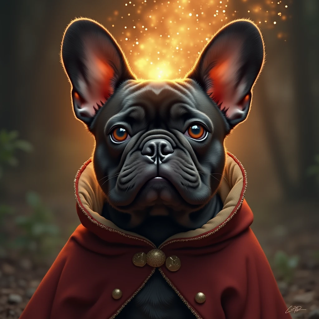 I want to create an image of a French Bulldog god.
I want it to have both cuteness and a mysterious atmosphere.