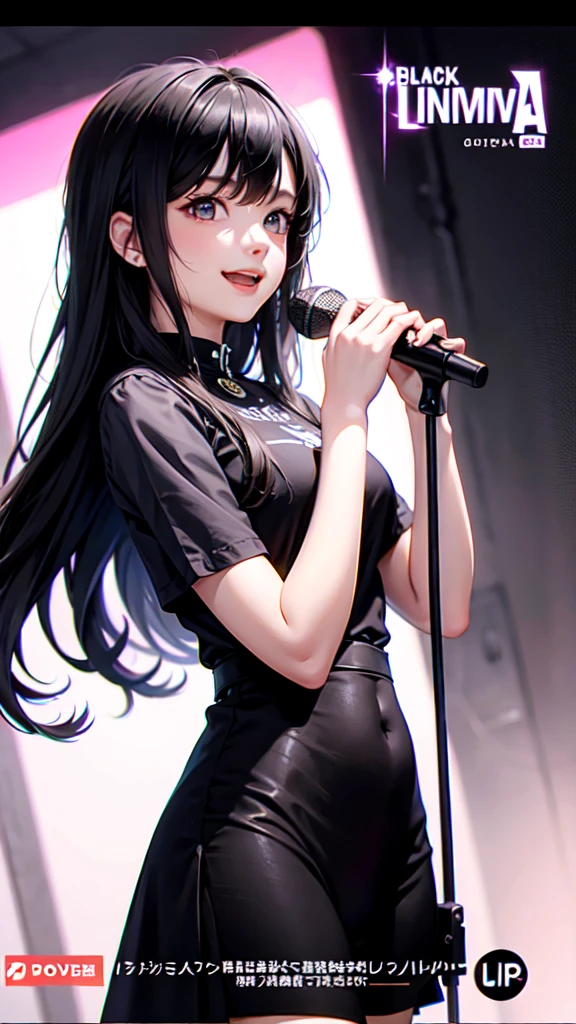 A beautiful black-haired woman laughing with a microphone in a karaoke booth