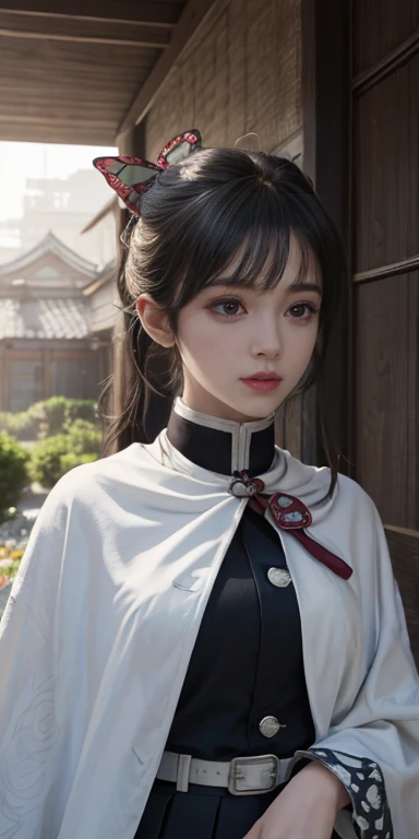 Ultra-realistic 8K CG,masterpiece,((Highly detailed background, Exquisite pattern, Intricate details)),最high quality,Highly detailed face,Very fine grain和脸部,Very fine grainUltra-realistic 8K CG, masterpiece, closure, beauty, from the front, Stick your face out, (Highly detailed background, Exquisite pattern, Intricate details)), high quality, Highly detailed face, Very fine grain and 顔, Very fine grain, , Lily family, (((bangs Patterson))),(((Side Mao Insult))),(( Demon Slayer uniform:1.4)), butterfly hair accessories,,( white belt), (Cape, white Cape),, (Black jacket), (Pleated skirt), belt, (Black Skirt), knees, Buckle up, Sheath the sword, belt Buckle up, (Black Shirt:1.0), sunlight, Tyndall effect, sword on waist,(garden:1.2),Western saber,Seductive pose, Giant , close,Sparse field,(ストレートbangs:1.4), (bangs:1.4), Natural Makeup,