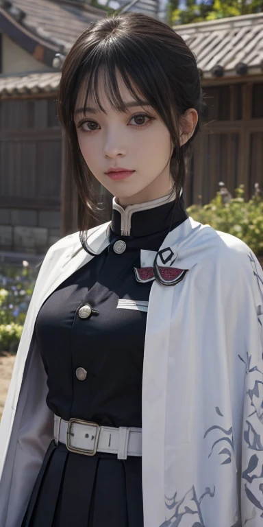 Ultra-realistic 8K CG,masterpiece,((Highly detailed background, Exquisite pattern, Intricate details)),最high quality,Highly detailed face,Very fine grain和脸部,Very fine grainUltra-realistic 8K CG, masterpiece, closure, beauty, from the front, Stick your face out, (Highly detailed background, Exquisite pattern, Intricate details)), high quality, Highly detailed face, Very fine grain and 顔, Very fine grain, , Lily family, (((bangs Patterson))),(((Side Mao Insult))),(( Demon Slayer uniform:1.4)), butterfly hair accessories,,( white belt), (Cape, white Cape),, (Black jacket), (Pleated skirt), belt, (Black Skirt), knees, Buckle up, Sheath the sword, belt Buckle up, (Black Shirt:1.0), sunlight, Tyndall effect, sword on waist,(garden:1.2),Western saber,Seductive pose, Giant , close,Sparse field,(ストレートbangs:1.4), (bangs:1.4), Natural Makeup,