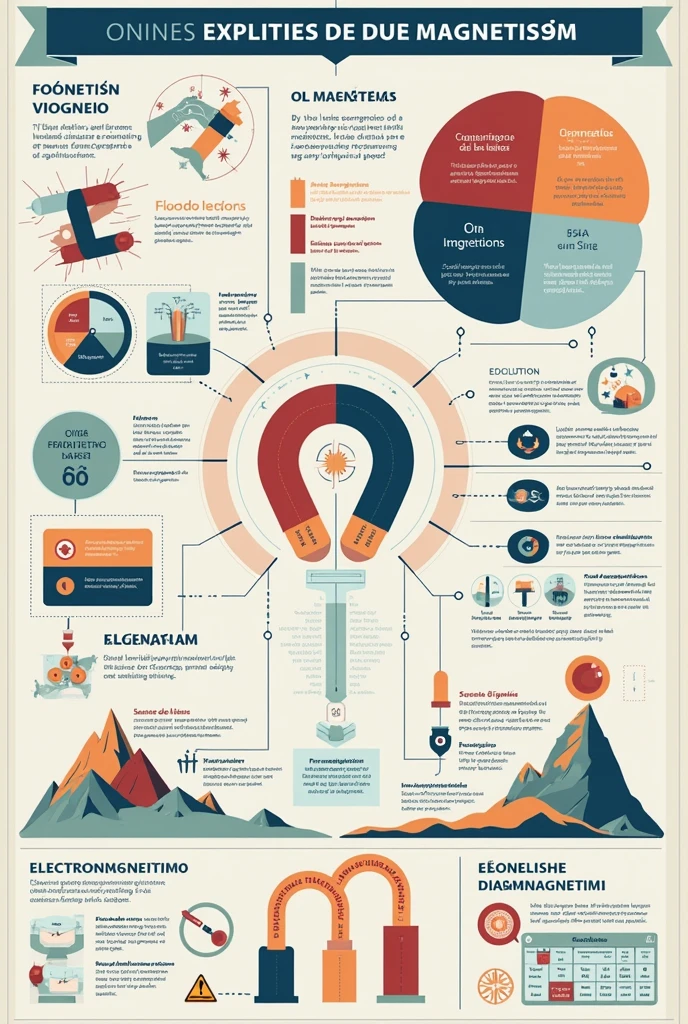 make an infographic in Spanish that is visually attractive that summarizes the sources and applications of magnetism with the information provided must include diagrams, graphic and concise explanations. him :exploring magnetism 
-Main Sources of Magnetism 
Investigate and summarize the main sources of magnetism, including permanent magnets, 
electromagnets, and Earth's magnetism. Include the origin in the so-called magnetic domains and types of magnetism [ferromagnetism, diamagnetism and paramagnetism].
1. Permanent Magnets
Permanent magnets are materials that generate a constant magnetic field without the need for an external source of energy. These magnets are made up of ferromagnetic materials, like iron, cobalt and nickel; where these materials contain magnetic domains, small regions within the material where the magnetic moments of the atoms are aligned in the same direction.
Magnetic Domains: Magnetic domains are fundamental to magnetism. In a permanent magnet, most of these domains are aligned, which produces a net magnetic field.
applications: Utilizados en electric motors, generators, Speakers, and magnetic storage devices.
2. Electromagnets
They are produced when an electric current flows through a coil of wire, creating a magnetic field. By inserting a core of ferromagnetic material (like iron) inside the coil, the magnetic field intensifies.
Magnetic Domains: By applying the current, the magnetic domains in the core align with the induced magnetic field, amplifying the field.
applications: Used in magnetic cranes, Relays, electric motors, and transformers. 
3. Earth's Magnetism
The Earth acts as a huge magnet due to the movements of conductive materials in its outer core, mainly composed of iron and nickel. These movements generate electric currents, that