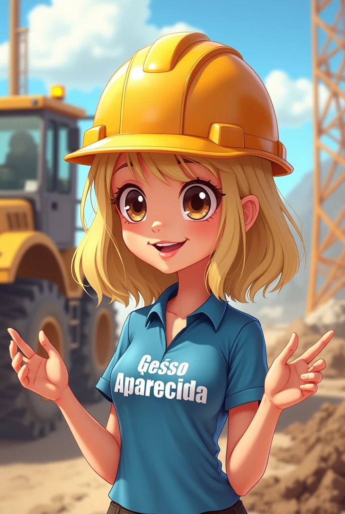 I want a pet that is a blonde girl with shoulder-length hair., big brown eyes, chestless, blue blouse with "Gesso Aparecida" written in white, construction hat and pointing with her hands to something on her right