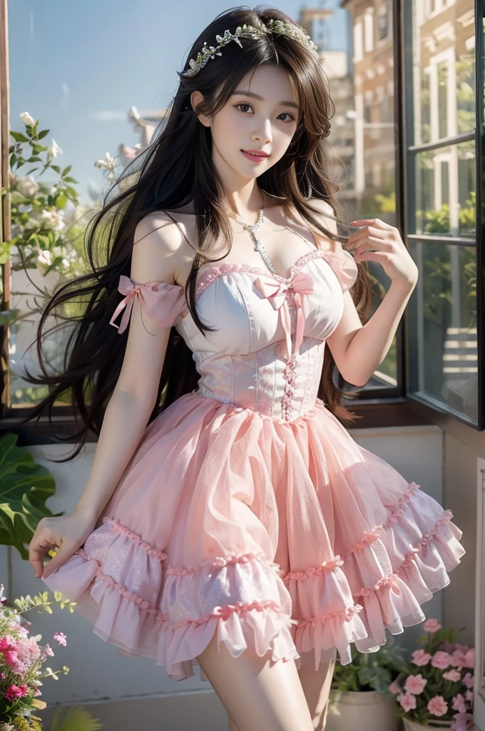 lolita1,dress,flower (best quality, masterpiece:1.2), tianfeng1, Extremely detailed, (Practical:1.37), beautiful, youth, Charming female model, sweet smile, Sweetheart girl, Warm colors, ((Full body view，Skin is firm and smooth)), ((Random scenes，Random shooting angles)), ((Elegant and natural gesture)), (big eyes, Exquisite eyes, Delicate lips, Exquisite eyes), Available in white and floral pattern, Show a bright smile, fit, Full breasts, ((Large Breasts)), Long legs, Create a stunning photo of a girl