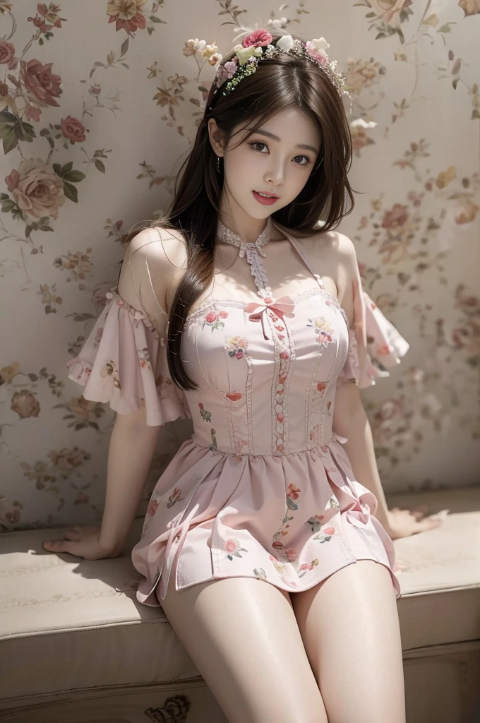 lolita1,dress,flower (best quality, masterpiece:1.2), tianfeng1, Extremely detailed, (Practical:1.37), beautiful, youth, Charming female model, sweet smile, Sweetheart girl, Warm colors, ((Full body view，Skin is firm and smooth)), ((Random scenes，Random shooting angles)), ((Elegant and natural gesture)), (big eyes, Exquisite eyes, Delicate lips, Exquisite eyes), Available in white and floral pattern, Show a bright smile, fit, Full breasts, ((Large Breasts)), Long legs, Create a stunning photo of a girl