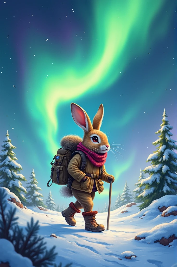 A rabbit dressed as a traveler hiking under the Northern Lights