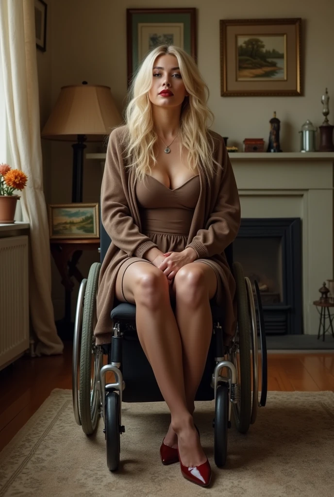 paraplegic  blonde women's with brown stockings in home with high heels red lips 