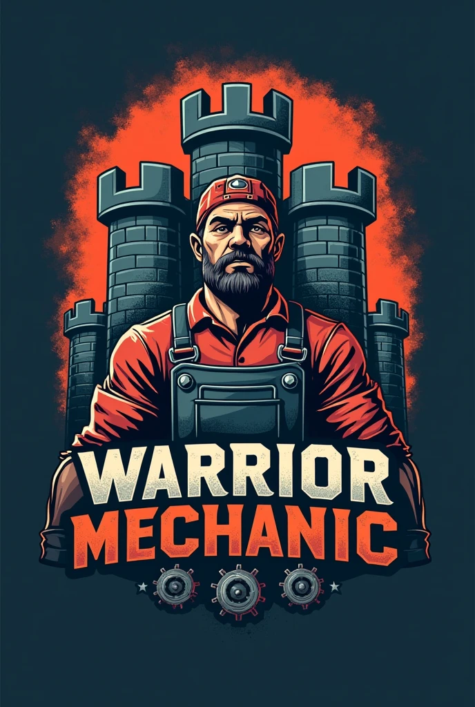 Logo of a mechanic's workshop, with an allusion to a castle, With the name "Warrior Mechanic" in Spanish.