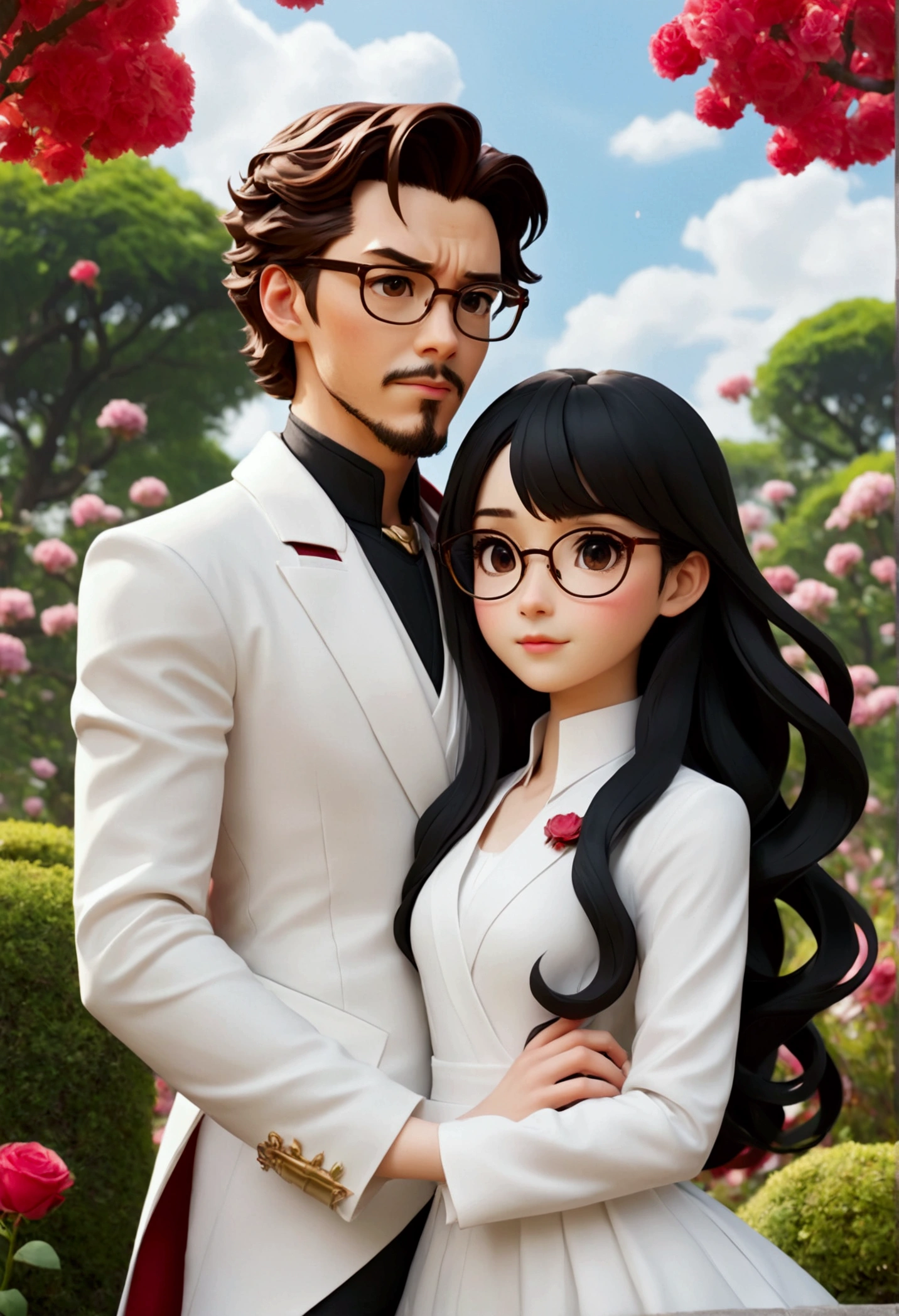 Cute clay model style，in rose garden，Young dark-haired prince wearing glasses，Wear a white suit；and elegant and beautiful，Long black wavy hair、The princess with bangs，Long-sleeved white shirt with collar，The lower body is a white long skirt，They hold hands happily。There is a group of guests behind：Iron Man，Doctor Strange，With the original Gundam。panoramic