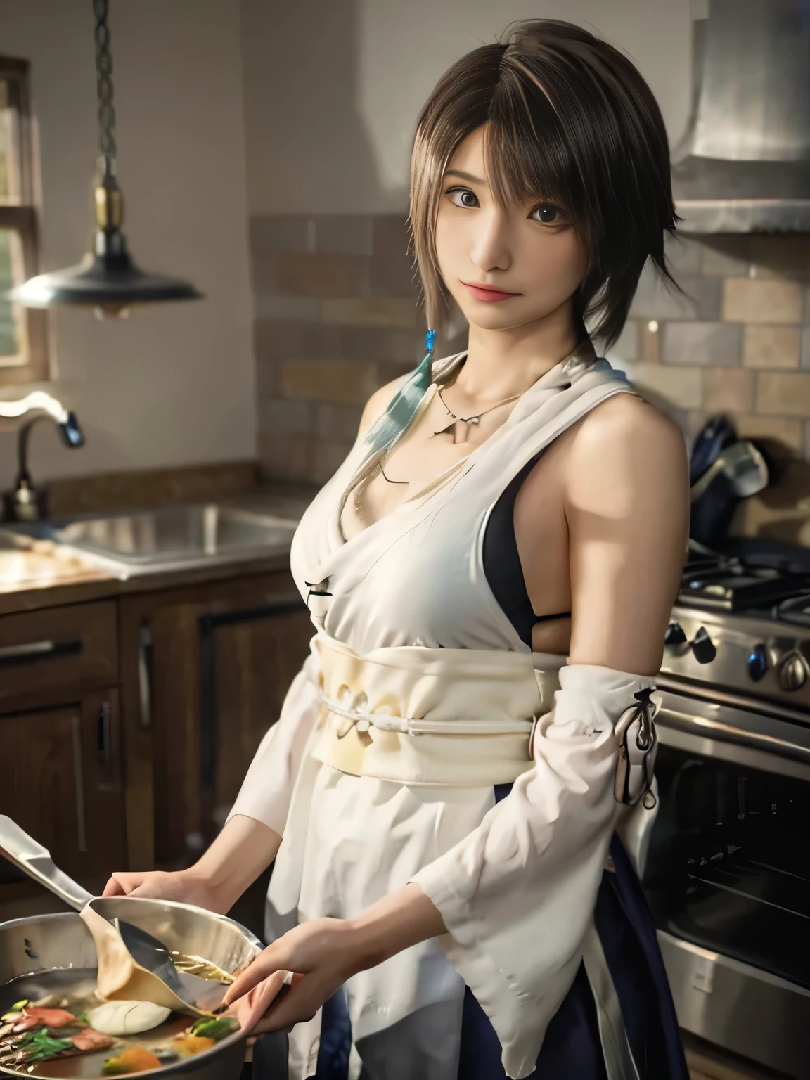 20 year old Japanese beauty,One person、Muscular body like a bodybuilder、Emphasize the breasts、Slit eyes、A head-to-toe view,Bust is very very large、The background is a medieval European kitchen、High quality photos、Clear, crisp images of the lower body、Masterpiece 8k、Ecstatic face、Stirring a pot of stew on the stove、From the side, from behind, the same color々from what camera angle to shoot、FF10 Yuna's outfit