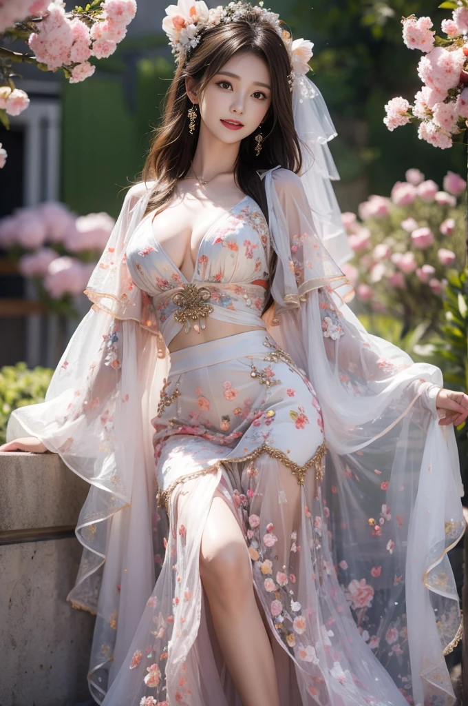(best quality, masterpiece:1.2), tianfeng1, Extremely detailed, (Practical:1.37), beautiful, youth, Charming female model, sweet smile, Sweetheart girl, Warm colors, ((Full body view,Skin is firm and smooth)), ((Random scenes,Random shooting angles)), ((Elegant and natural gesture)), (big eyes, Exquisite eyes, Delicate lips, Exquisite eyes), Available in white and floral pattern, Show a bright smile, fit, Full breasts, ((Large Breasts)), Long legs, Create a stunning photo of a girl