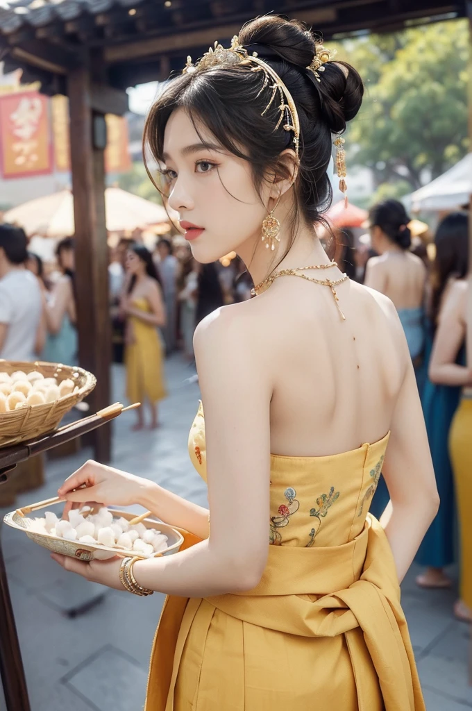 (((best quality))),(((ultra detailed))),(((masterpiece))),illustration,
((1 beautiful young girl,solo)),(bun hair:1.2)((slim,thin)),((small breasts,flat chest)),attractive, traditional Chinese attire,(Gorgeous and intricate headdress:1.3),((earrings,intricate necklace)),(strapless Exquisite embroidered maxi sleeveless sparkled dress:1.3),(standing:1.3),vibrant patterns, radiant complexion, joyful expression,(temple fair:1.3), bustling atmosphere, summer afternoon, sunny weather, cultural festival, street food, roasted skewers, steaming dumplings, sweet cotton candy, stalls, crafts, clothing, appreciative onlookers, sunset, ancient tradition, modern beauty, captivating scene, enchanting,(day scene:1.2),(surrounded by crowded crowds:1.3),((from back,upper body))