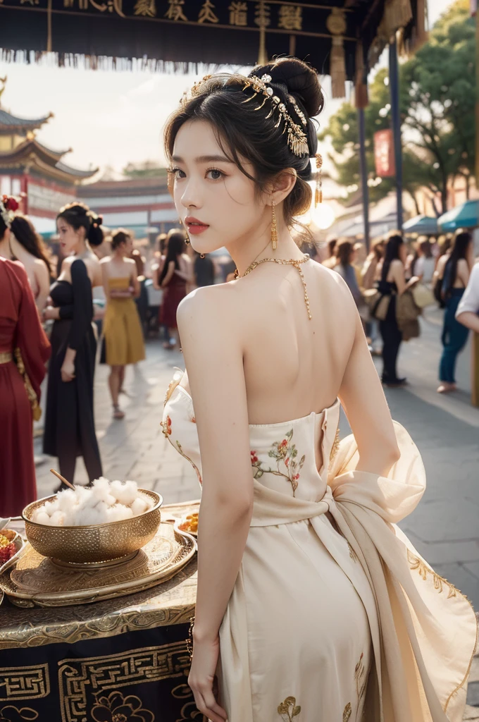 (((best quality))),(((ultra detailed))),(((masterpiece))),illustration,
((1 beautiful young girl,solo)),(bun hair:1.2)((slim,thin)),((small breasts,flat chest)),attractive, traditional Chinese attire,(Gorgeous and intricate headdress:1.3),((earrings,intricate necklace)),(strapless Exquisite embroidered maxi sleeveless sparkled dress:1.3),(standing:1.3),vibrant patterns, radiant complexion, joyful expression,(temple fair:1.3), bustling atmosphere, summer afternoon, sunny weather, cultural festival, street food, roasted skewers, steaming dumplings, sweet cotton candy, stalls, crafts, clothing, appreciative onlookers, sunset, ancient tradition, modern beauty, captivating scene, enchanting,(day scene:1.2),(surrounded by crowded crowds:1.3),((from back,upper body))