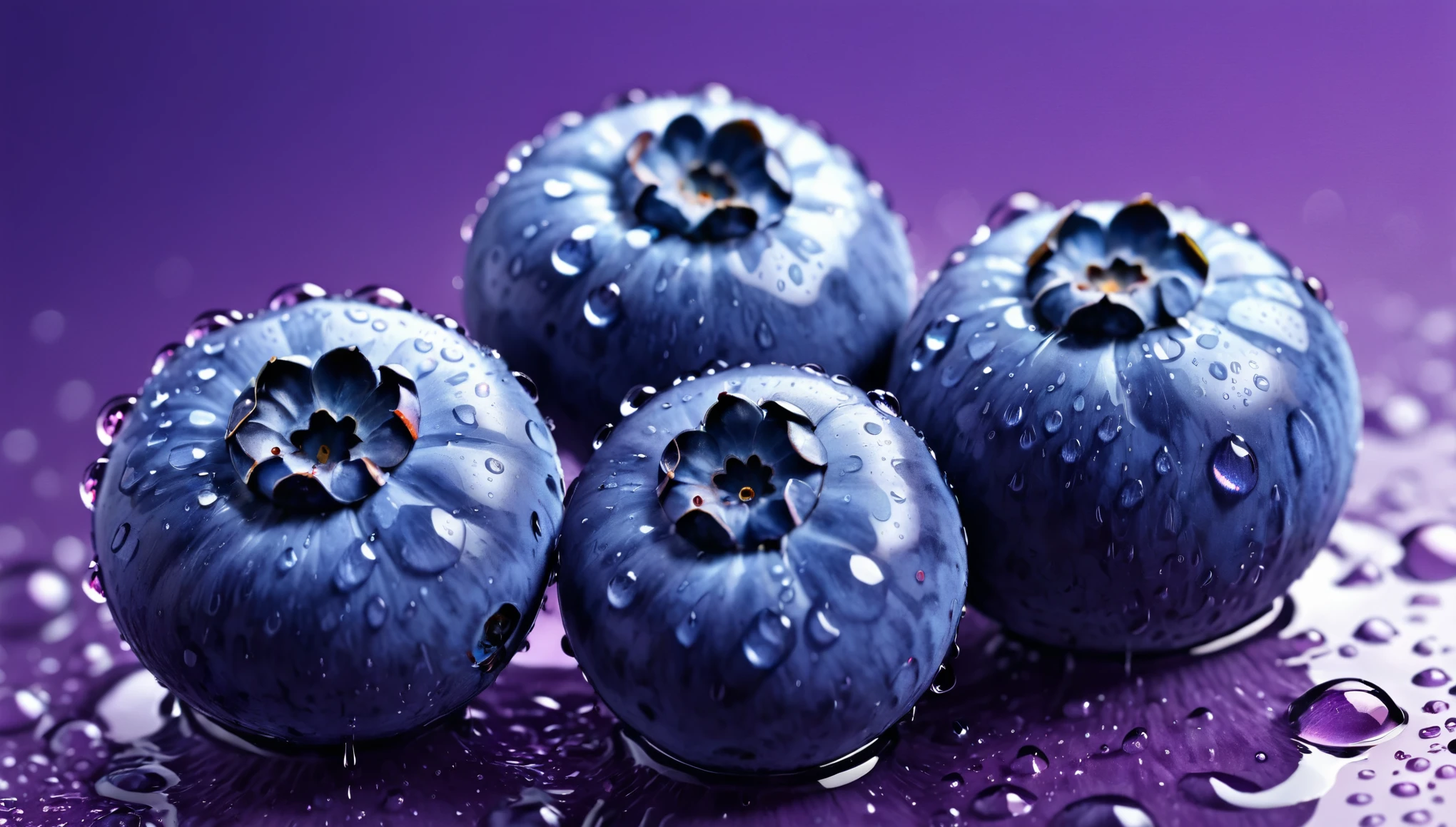 2 blueberries,Macro close-up,Water Drops,3D Style,Purple background,Ultra-detailed depiction