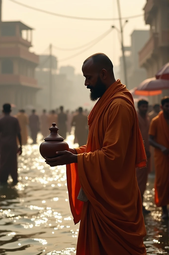 At varanasi ganga ghat ,Hindu pandit in gaura cloth doing asthi visarjan with mitti ka asthi kalash