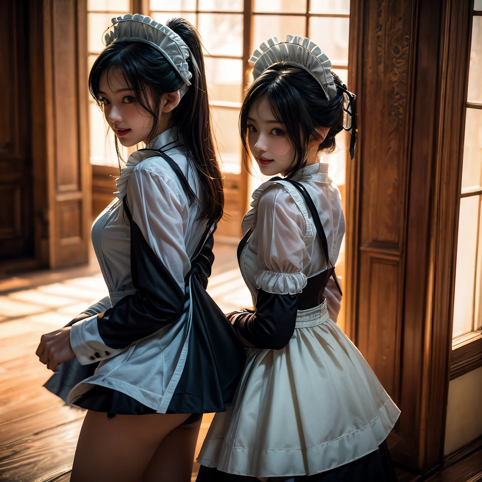 SFW, (Extremely Detailed((Kawaii Maid Group in a row:1.37))), Childish perfect face, Reflective Eyes, Detailed(Delicate Clothing textures), Dynamic Joyful Expressions LifeLike Rendering, (Specular Reflection:0.2), TopQuality 8K Ultra-detailed masterpiece (ProfessionalPhoto:1.37), (Acutance:0.8), (Luminism:1.28), (Renaissance art style), (Light particles:0.75), (Muscle:-0.5), ((Full body from side)) mini skirt lift, skin tight dress 