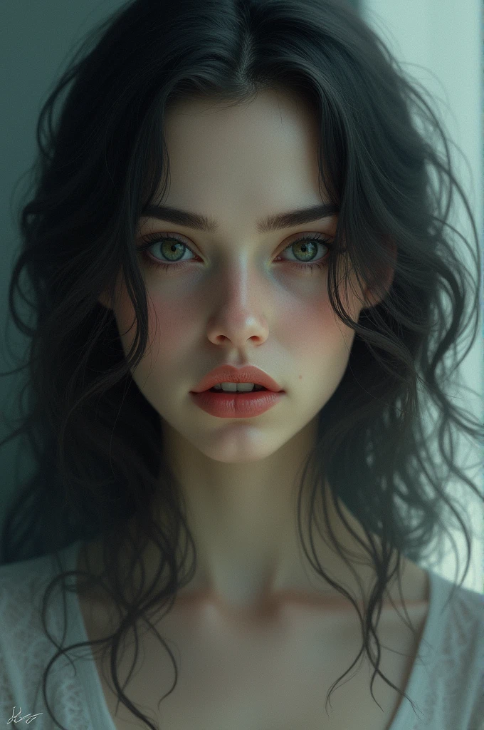 She has long jet black curly hair, jet black arched done eyebrows,almond shaped eyes,dark blue eyes, long eyelashes,button nose,freckles,thick lips,high cheek bones,sharp jawline REALISTIC 