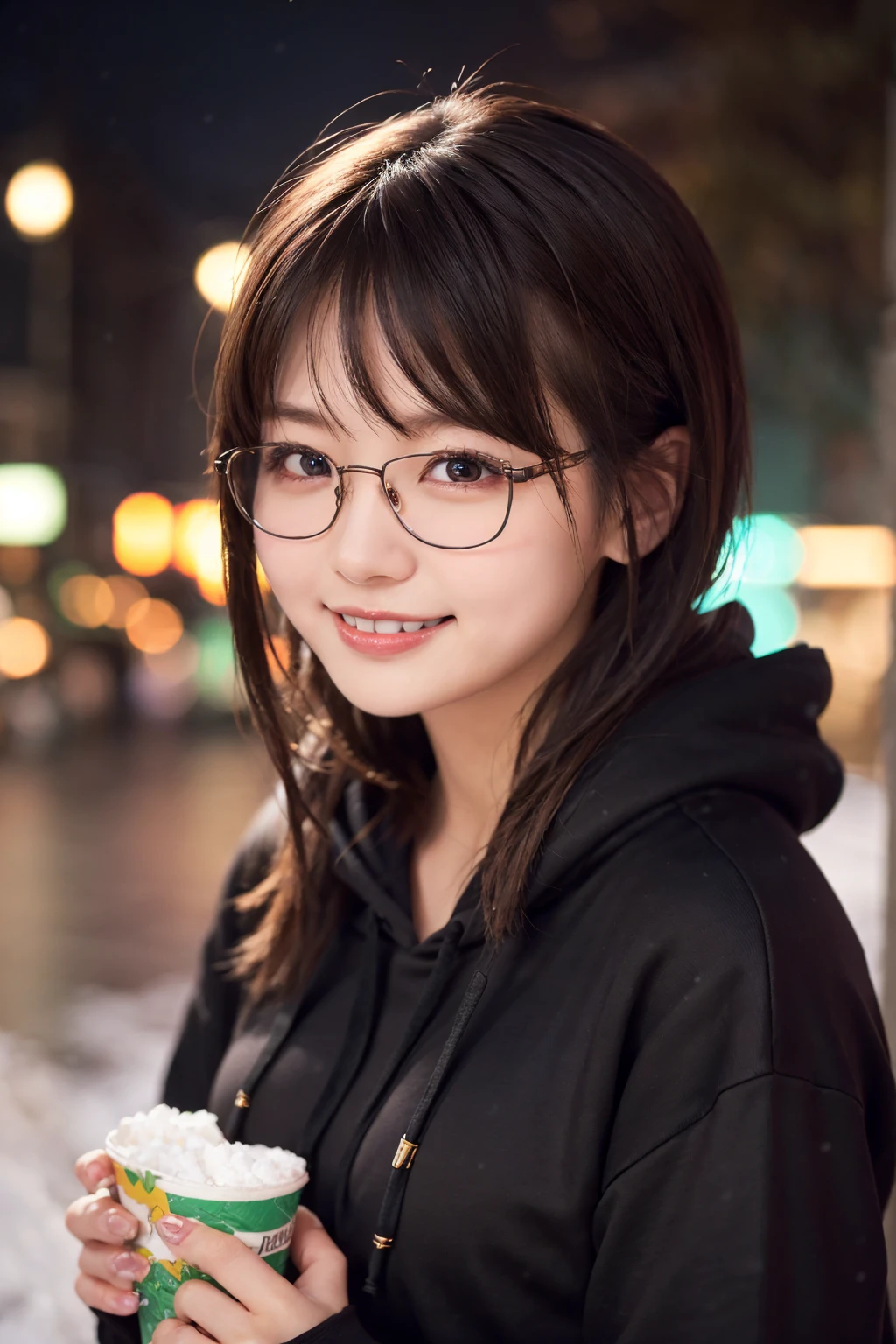 1 girl, (Wear a black hoodie:1.2), (RAW Photos, highest qualthaty), (Realistic, Realistic:1.4), Tabletop, Very delicate and beautiful, Very detailed, 2k wallpaper, wonderful, finely, Very detailed CG Unthaty 8K wallpaper, Very detailed, High resolution, Soft Light, Beautiful detailed, Very detailed目と顔, Beautiful and sophisticated nose, Beautiful and beautiful eyes, Cinema Lighting, Illuminations that light up the cthaty on a snowy night, Snow Scene, that'that'that'that'it's snowing, Snow fell in my hair, Perfect Anatomy, Slender body, Was nervous,
Bobcut, bangs, Looking at the audience, smile、Fluffy scarf、Black-rimmed glasses、可愛いsmile