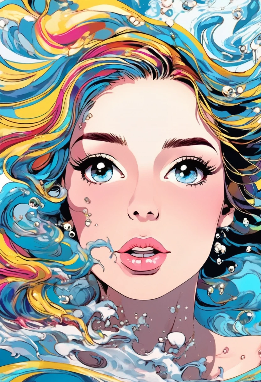 conceptual installation pop art, cute woman floating on the water, marble colored swirling water, attractive and seductive face, covered in tattoos, superlative body proportion, (ultra detailed, absolutely resolution, best quality:1.3), 2.5D, delicate and dynamic, artistic, hyper, graphic CG digital pop art