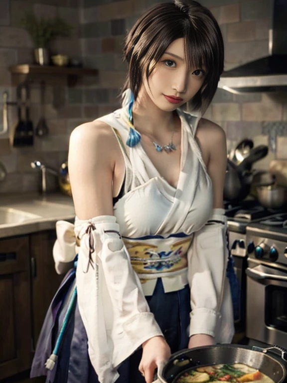 20 year old Japanese beauty,One person、Muscular body like a bodybuilder、Emphasize the breasts、Slit eyes、A head-to-toe view,Bust is very very large、The background is a medieval European kitchen、High quality photos、Clear, crisp images of the lower body、Masterpiece 8k、Ecstatic face、Stirring a pot of stew on the stove、From the side, from behind, the same color々from what camera angle to shoot、FF10 Yuna's outfit