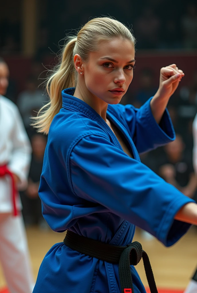 SeaArt Txt2Img Studio Robot Magnificent detail, 8K Photos, hyper- realism, realistic background, visual depth, wide angle lens, professional light. "{An extremely beautiful woman, face perfect, with blonde hair and white skin, slickedback hair, far away, delivering a high kick to her opponent. The woman is a black belt in karate, wears a blue kimono with large and beautiful breasts partially exposed. She is fighting against an opponent in a white kimono. She's quite sweaty on her face and breasts., but maintaining an attractive and sensual appearance. The setting is a world championship of women's karate. tatami. She is applying a high kick to her opponent, who attempts the defense. sensual photo. Opponent's POV image. Focus on the blue fighter's breasts