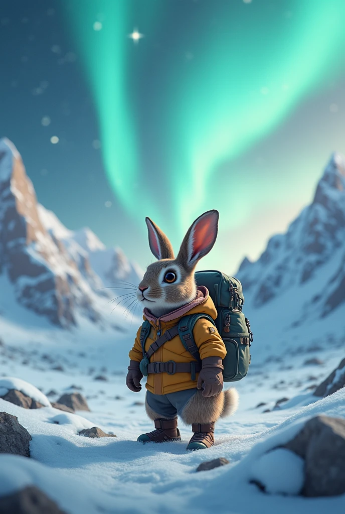 A rabbit dressed as a traveler hiking under snowless auroras.