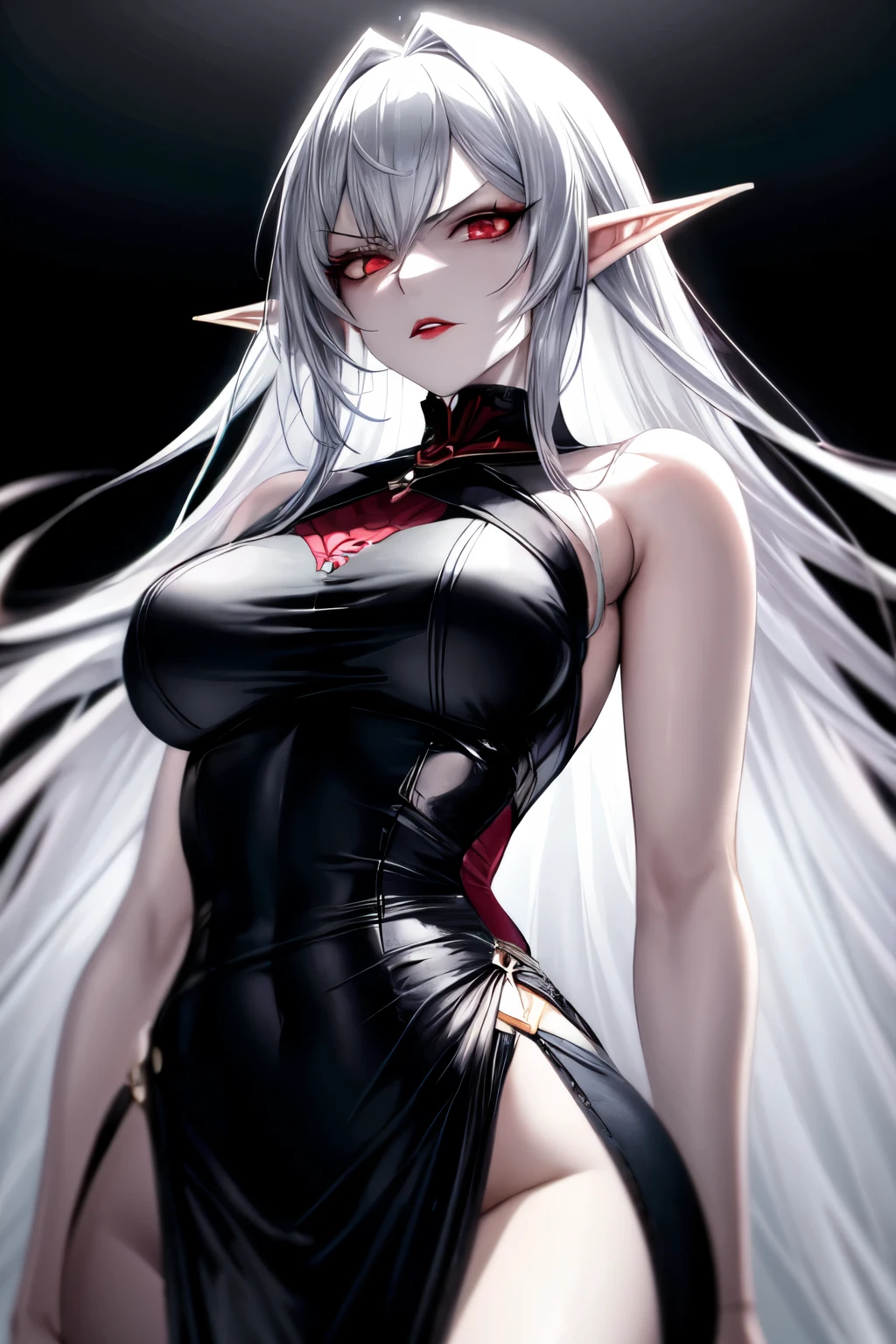 A female Milf demon with elf ears and demonic horns in black setting with chains and mist the ground is made of a red liquid, Um rosto maduro e adulto com um olhar frio e maligno para os espectadores com dentes de vampiro, e corpo volumoso com seios e busto enormes, Silver hair with purple locks wet with drops of this red liquid,(purple and yellow demonic eyes), ((Heterocromia)), olhos brilhantes, vestido de noiva volumoso longo e grande molhado, unhas grandes longas e pontiagudas, Moda realista, sysie high definition details, fotografia, perspicacity, unique 850 4, Koda850 k portrait camera, Primavera F1.6, cores ricas, Textura super realista, textura de luz espetacular, arte surreal, Cinestil 800 mecanismo de moda.