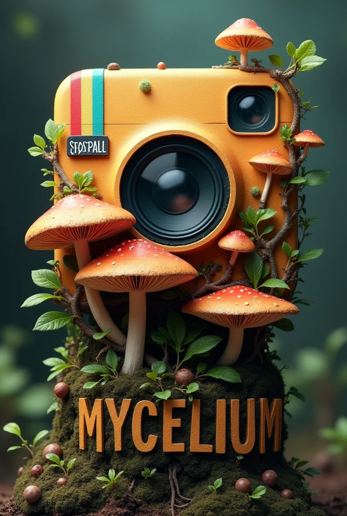 Recreate the Instagram logo with mushrooms and mycelium integrated  ( that says MYCELIUM ) 
