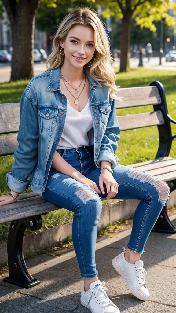 Super Resolution、Clear French woman、Full body photo、sitting on a park bench、Blonde Hair、blue eyes、Wavy Hair、Ear piercing、、necklace、Denim jacket、shirt、Skinny jeans、sneakers、I'm wearing black socks.、smile、Beautiful teeth alignment