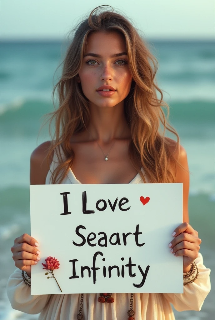 Beautiful girl with wavy long hair, bohemian dress, holding a white board with text "I Love Seaart Infinity" and showing it to the viewer
