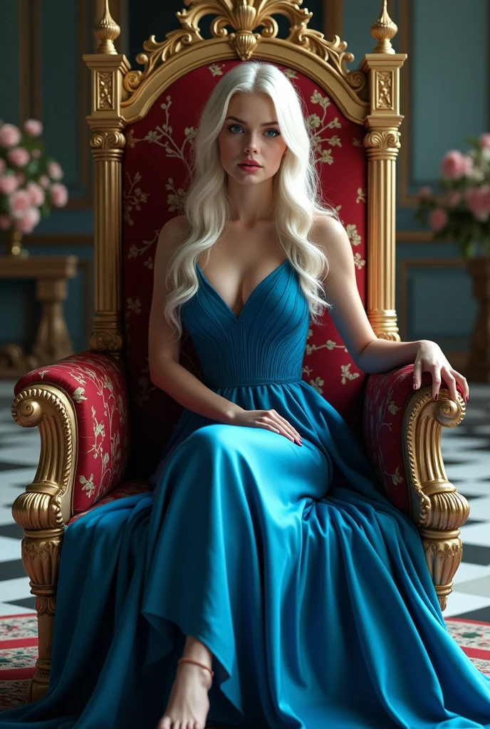 ((solo, 1woman, (blue eyes, platinum blonde hair, long hair), lipstick, Extremely detailed, ambient soft lighting, 4k, perfect eyes, a perfect face, perfect lighting, a 1girl)), ((solo, (1woman, lipstick), Extremely detailed, ambient soft lighting, 4k, perfect eyes, a perfect face, perfect lighting, a 1girl)), , ((fitness,, shapely body, athletic body, toned body)), ((blue finely detailed dress, imperial throne, sitting on a throne, flowes, high heels, throne room, palace))