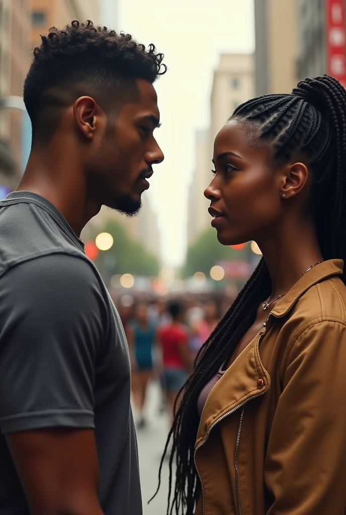 Puertorrican white young man arguin with a beautiful black braided women