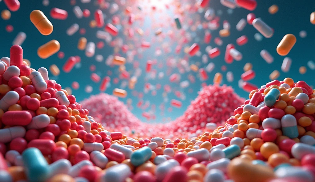Piles of capsules and tablets in various colors are stacked below.，Capsules are constantly falling from above